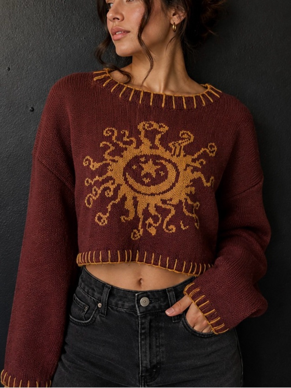 ROMWE Maroon Cropped Sweater with Mustard Sun Motif